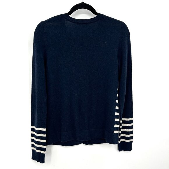 GAP Navy Blue White Wool Striped Sequin Button Up Cardigan Sweater Size Medium - Picture 2 of 5